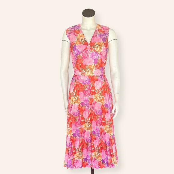 VTG Sleeveless V Neck Pink / Orange Floral Pleated Fit & Flare Midi Dress Size 6 - Picture 1 of 7